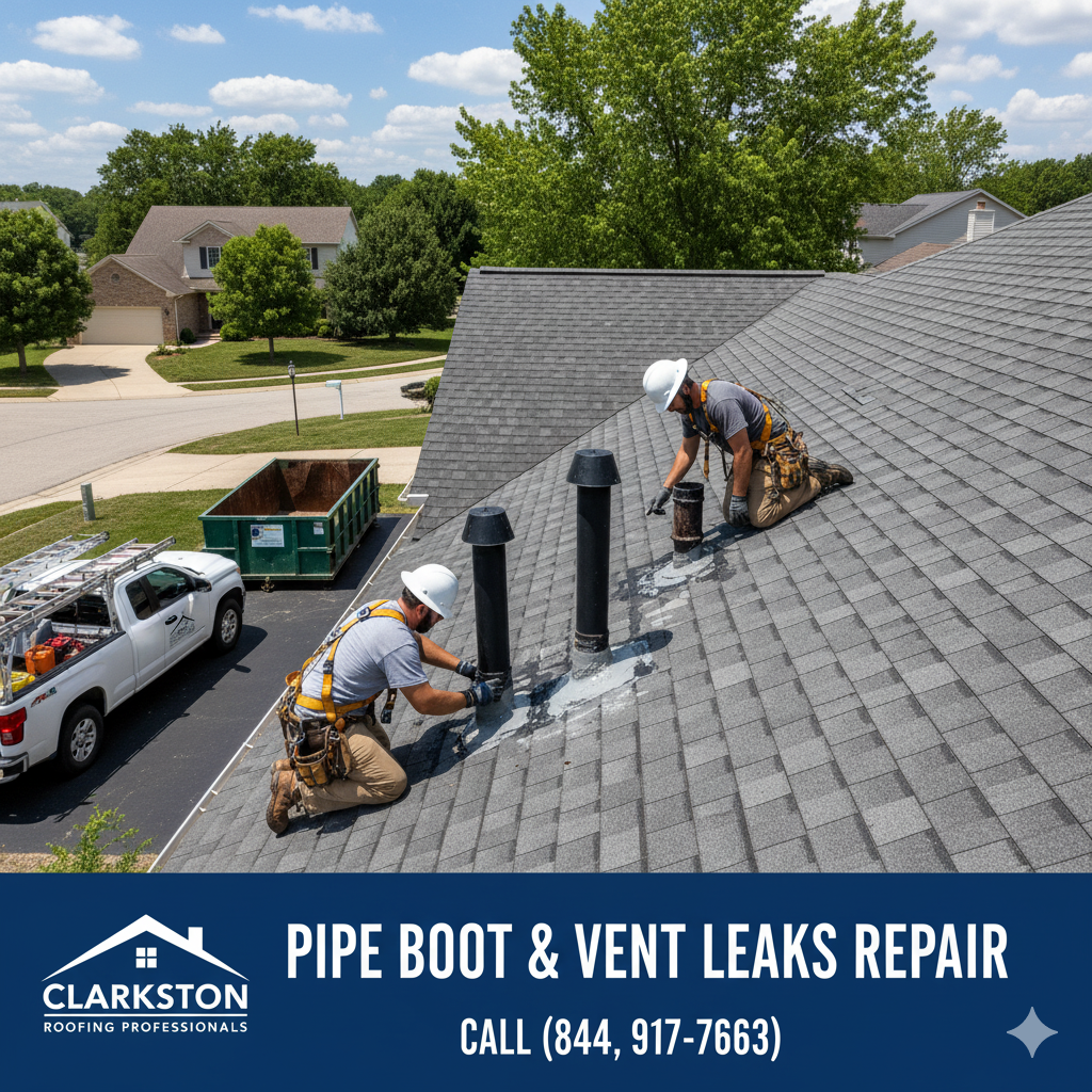 Pipe Boot & Vent Leaks repair by Clarkston Roofing Professionals in Macomb & Oakland Counties, MI. Call (844) 917-ROOF.