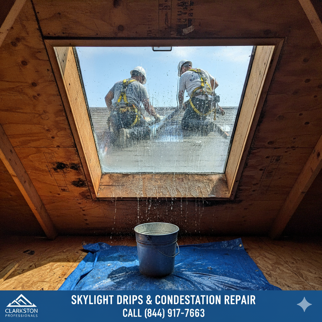 Skylight Drips & Condensation repair by Clarkston Roofing Professionals in Macomb & Oakland Counties, MI. Call (844) 917-ROOF.