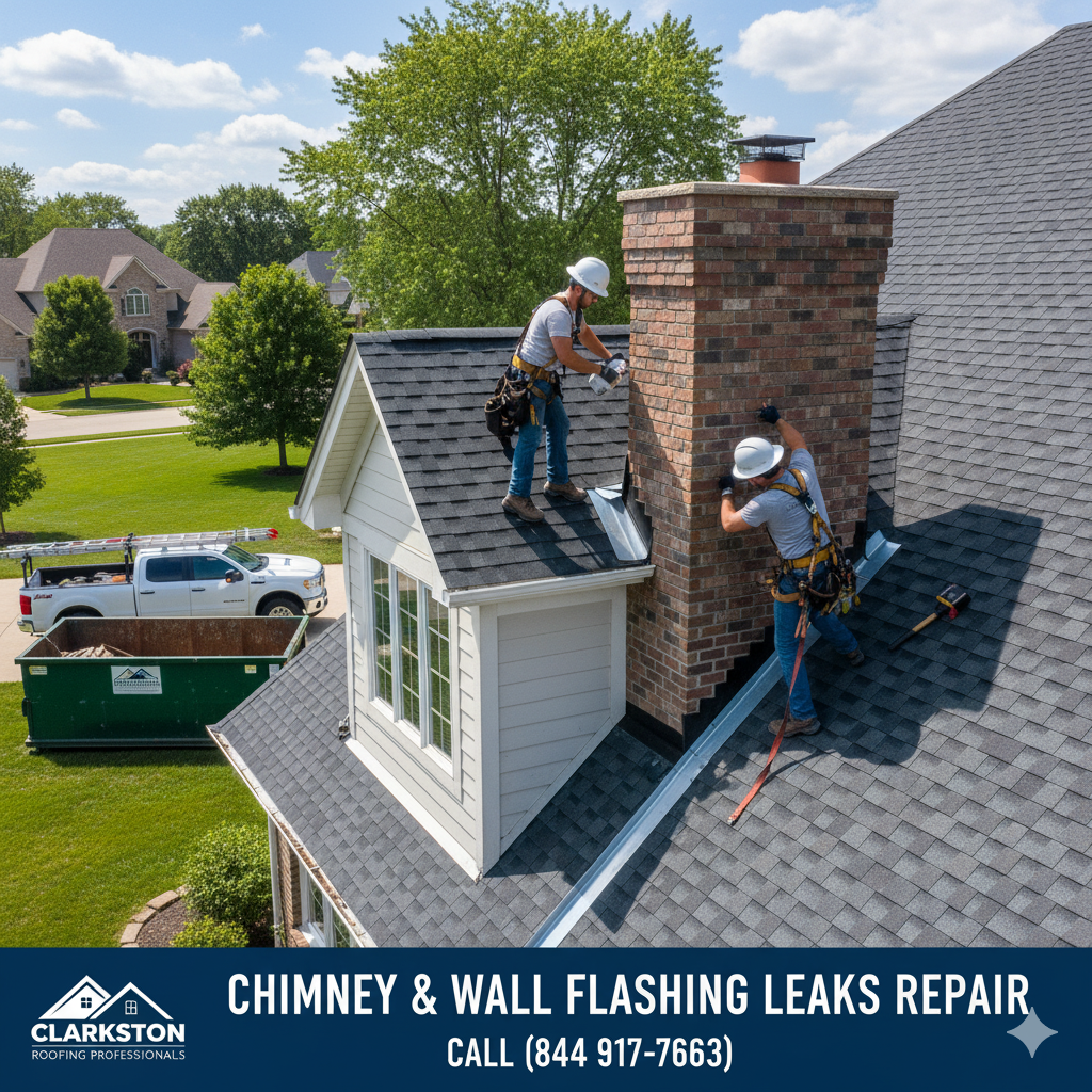 Chimney & Wall Flashing Leaks repair by Clarkston Roofing Professionals in Macomb & Oakland Counties, MI. Call (844) 917-ROOF.