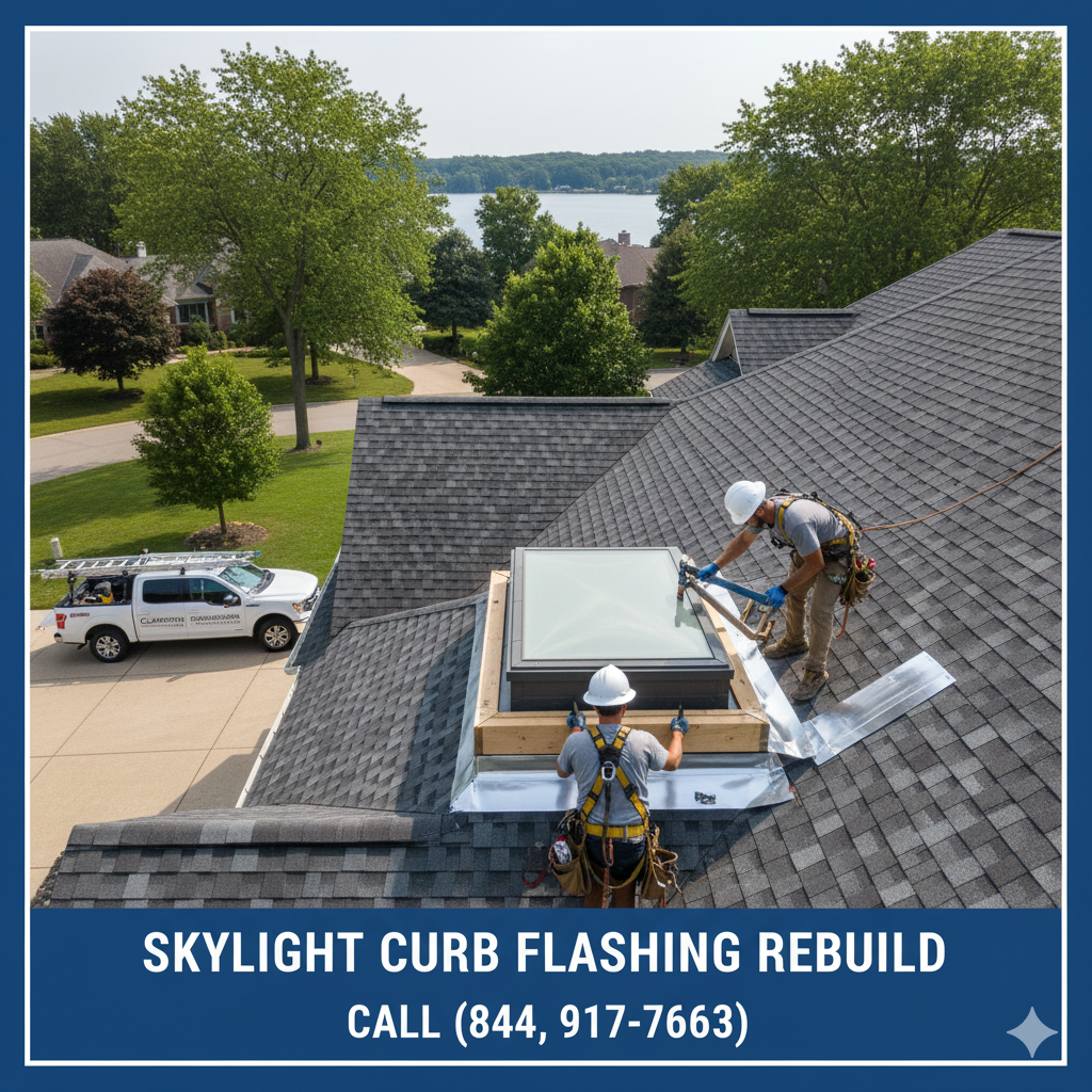 Skylight curb flashing rebuild near Long Lake Road, Bloomfield Township. Call (844) 917-ROOF.