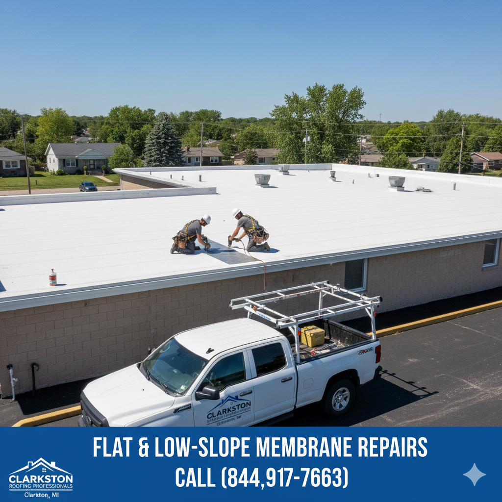 Flat & Low-Slope Membrane Repairs repair by Clarkston Roofing Professionals in Macomb & Oakland Counties, MI. Call (844) 917-ROOF.