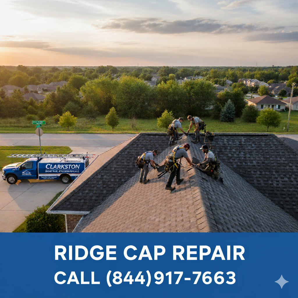 Ridge cap repair near Romeo Plank Road in Macomb Township by Clarkston Roofing Professionals. Call (844) 917-ROOF.