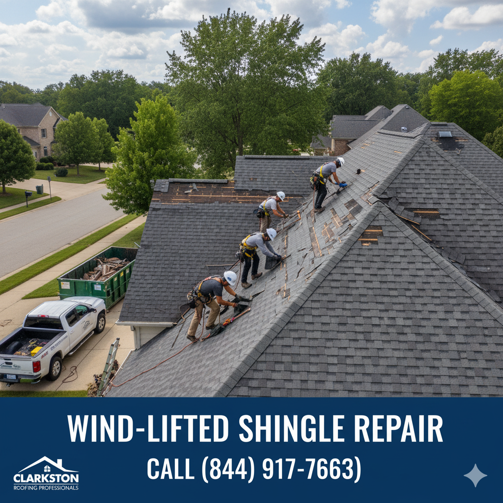 Wind-Lifted or Missing Shingles repair by Clarkston Roofing Professionals in Macomb & Oakland Counties, MI. Call (844) 917-ROOF.