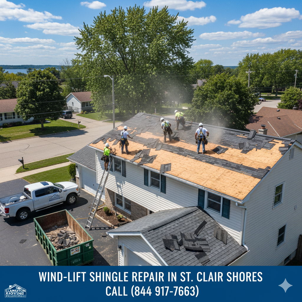 Wind-lift shingle repair in St. Clair Shores, Macomb County, MI. Call (844) 917-ROOF.