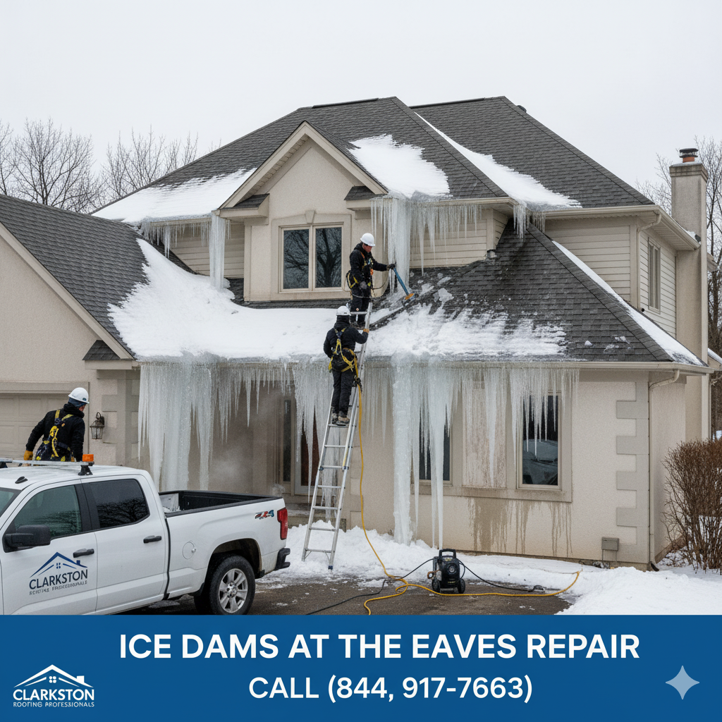 Ice Dams at the Eaves repair by Clarkston Roofing Professionals in Macomb & Oakland Counties, MI. Call (844) 917-ROOF.