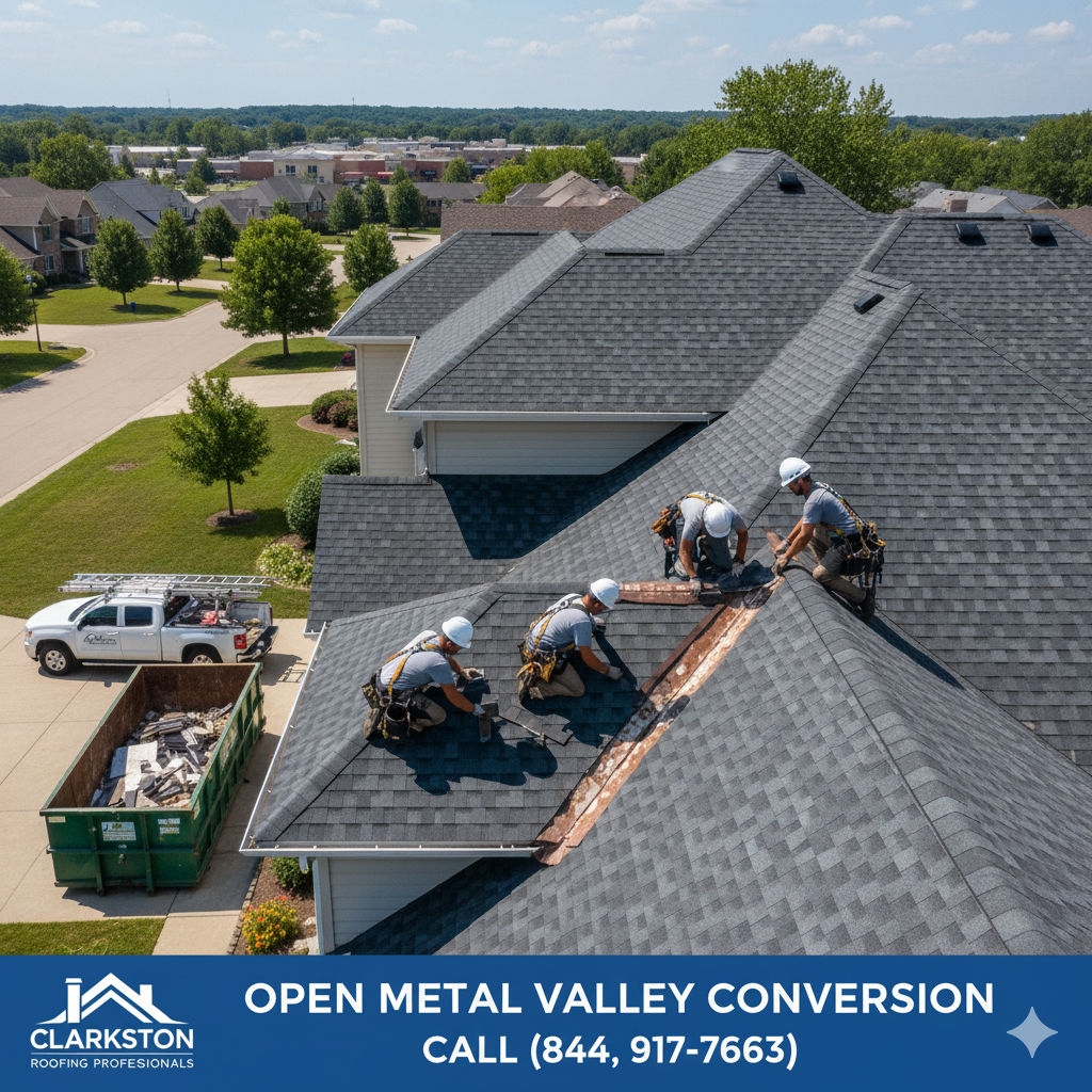 Open metal valley conversion near Partridge Creek in Macomb County by Clarkston Roofing Professionals. Call (844) 917-ROOF.